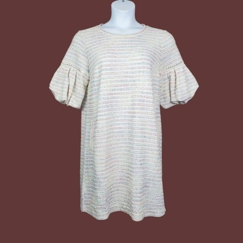Loft Womens Puff Sleeve Ivory Stripe Boucle Shift Mini Dress Size L NWOT